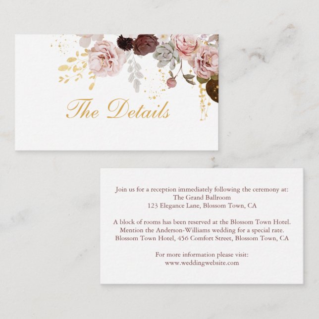 Blush Peony & Gold Burgundy Floral Wedding Details Enclosure Card (Front/Back)