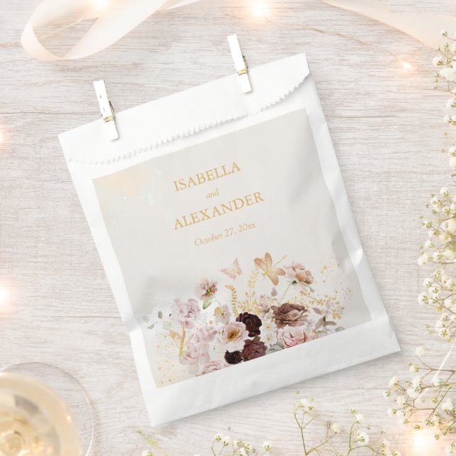 Blush Peony & Gold Burgundy Floral Wedding Favour Bag (Clipped)