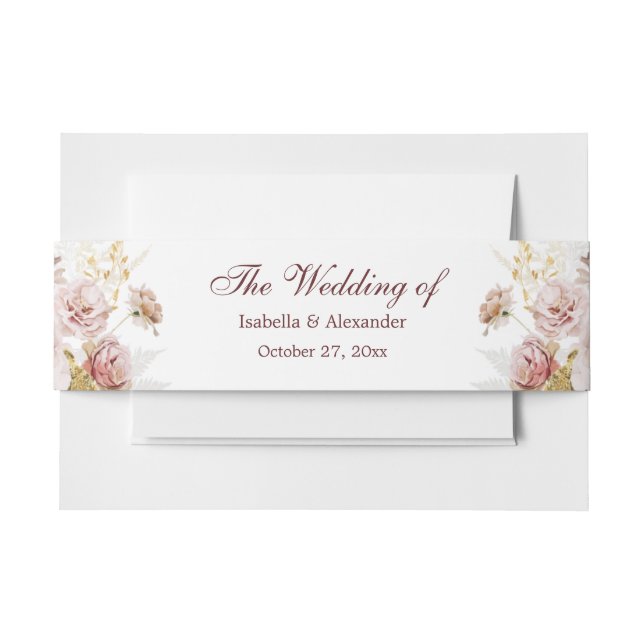 Blush Peony & Gold Burgundy Floral Wedding Invitation Belly Band (Front Example)