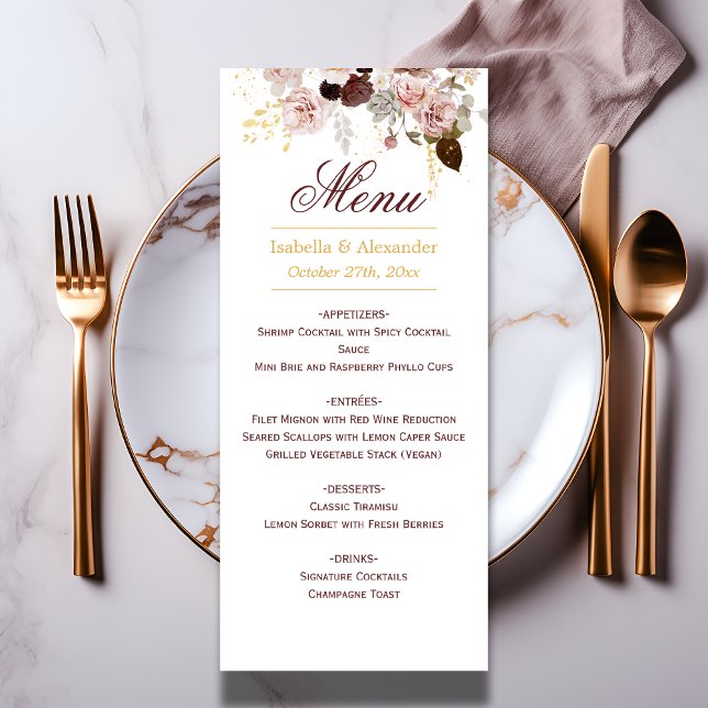 Blush Peony & Gold Burgundy Floral Wedding  Menu (Creator Uploaded)