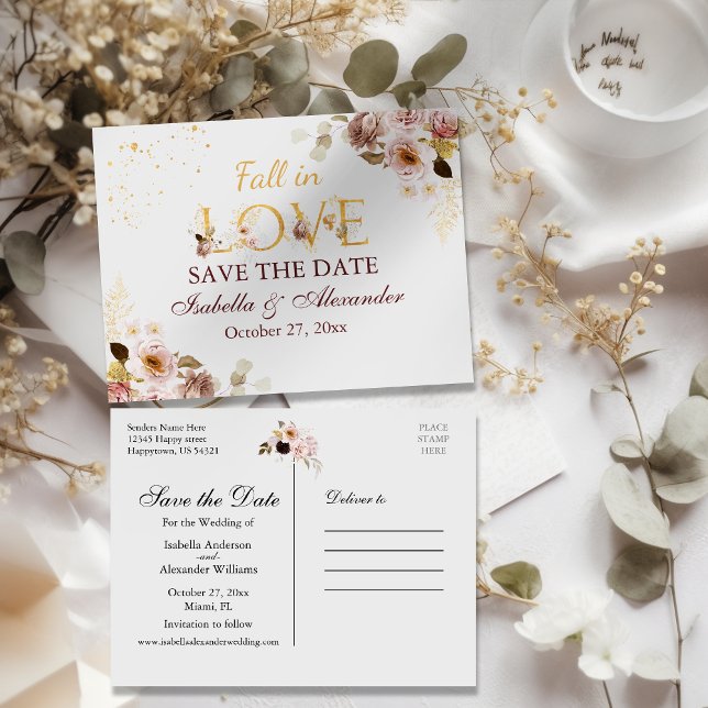 Blush Peony & Gold Burgundy Save The Date Postcard (Creator Uploaded)