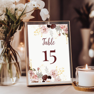 Blush Peony & Gold Burgundy Wedding Table Number