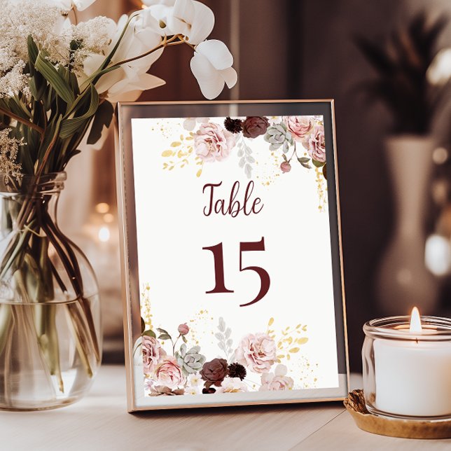 Blush Peony & Gold Burgundy Wedding Table Number (Creator Uploaded)