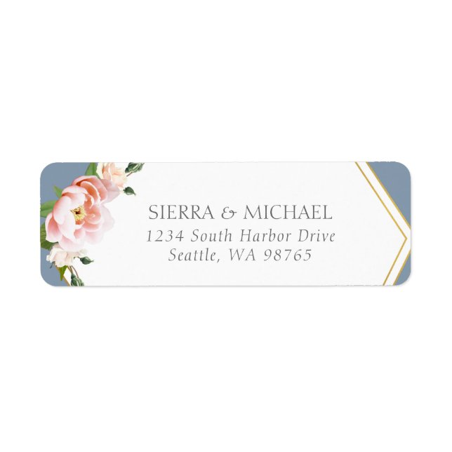 Blush Peony Gold Dusty Blue Wedding Return Address Label (Front)