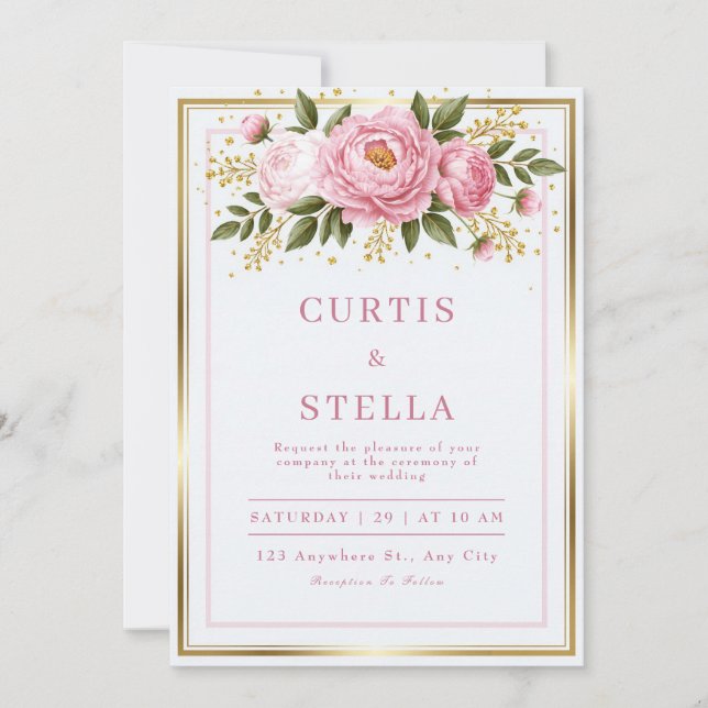 Blush Peony Gold Foil Frame Wedding Invitation (Front)
