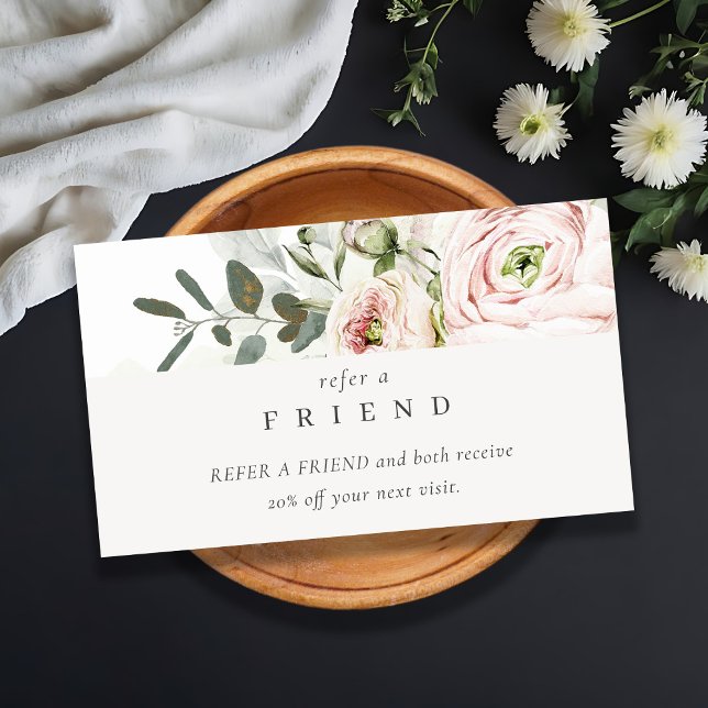 Blush Peony Leafy Botanical Floral Refer a Friend Business Card (Creator Uploaded)