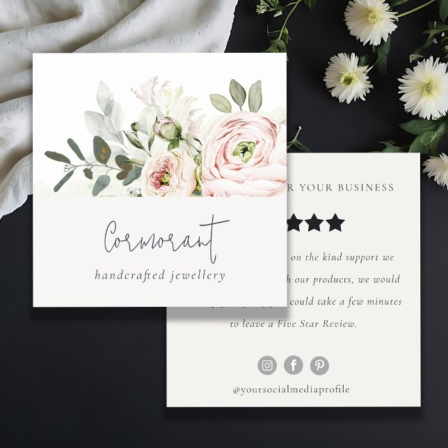Blush Peony Leafy Botanical Floral Review Request Square Business Card (Creator Uploaded)
