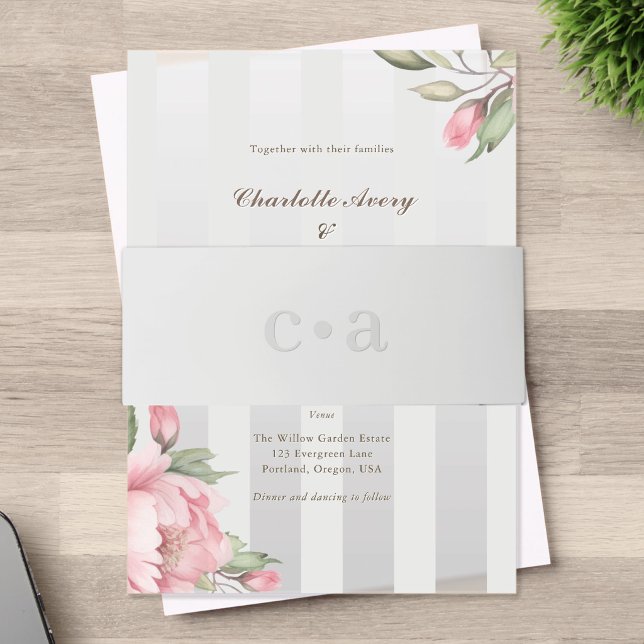 Blush Peony Monogram Grey Wedding Invitation Belly Band (Creator Uploaded)