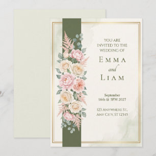 Blush Peony Olive Green Gold Wedding Invitation