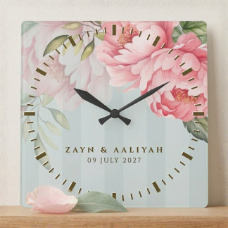 Blush Peony | Sage Green Gold Elegant Gift Square Wall Clock