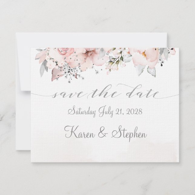 Blush Peony Silver Eucalyptus Wedding Save The Dat Date (Front)