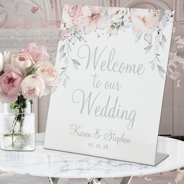 Blush Peony Silver Eucalyptus Welcome To Wedding Pedestal Sign (Creator Uploaded)