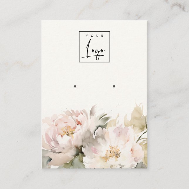 Blush Peony Watercolor Floral Earring Logo Display Business Card (Front)