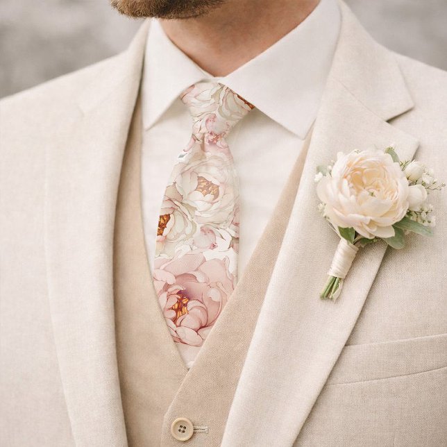 Blush Peony Watercolor Floral Wedding Tie (Creator Uploaded)
