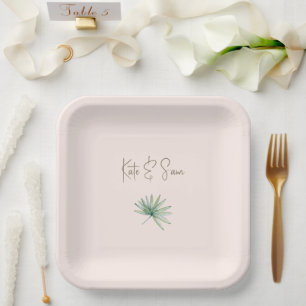 Blush Personalised Names Tropical Wedding Paper Plate