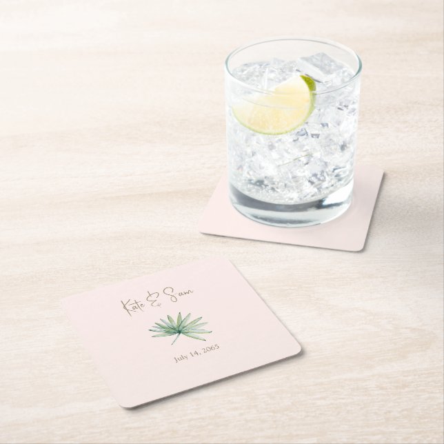 Blush Personalised Names Tropical Wedding  Square Paper Coaster (Insitu)