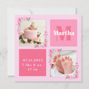 Blush Photo Welcoming Newborn Baby Girl Birth Stat Holiday Card