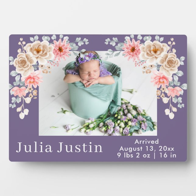 Blush Photo Welcoming Newborn Baby Girl Birth Stat Plaque (Front)