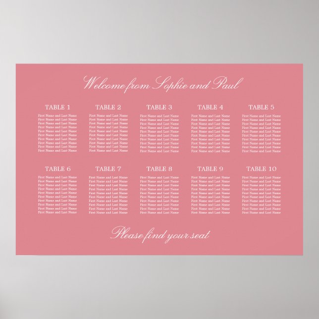Blush Pink 10 Table Wedding Seating Chart Poster (Front)
