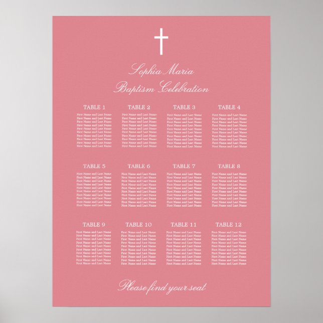 Blush Pink 12 Table Baptism Seating Chart Poster (Front)