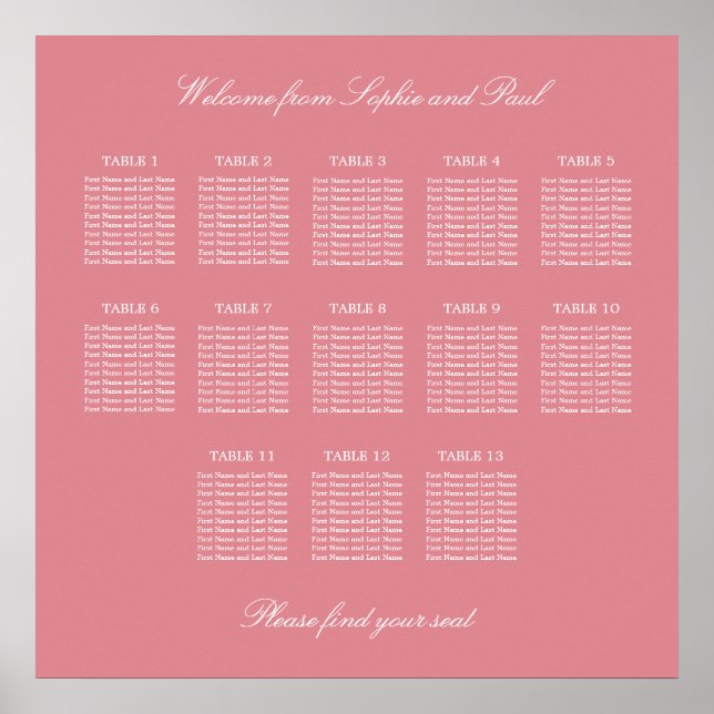 Blush Pink 13 Table Wedding Seating Chart Poster (Front)