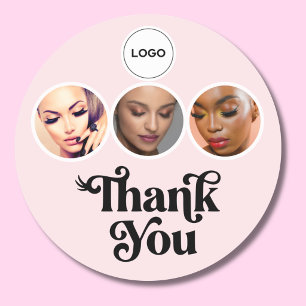 Blush Pink 3 Photo Lash Tech Logo Thank You Classic Round Sticker