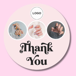Blush Pink 3 Photo Nail Tech Logo Thank You Classic Round Sticker