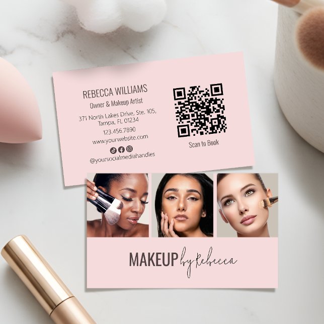 Blush Pink 3 Photo QR Code Modern Makeup Business Card (An elegant and modern aesthetic for your makeup business, with fully customizable photos & QR code)