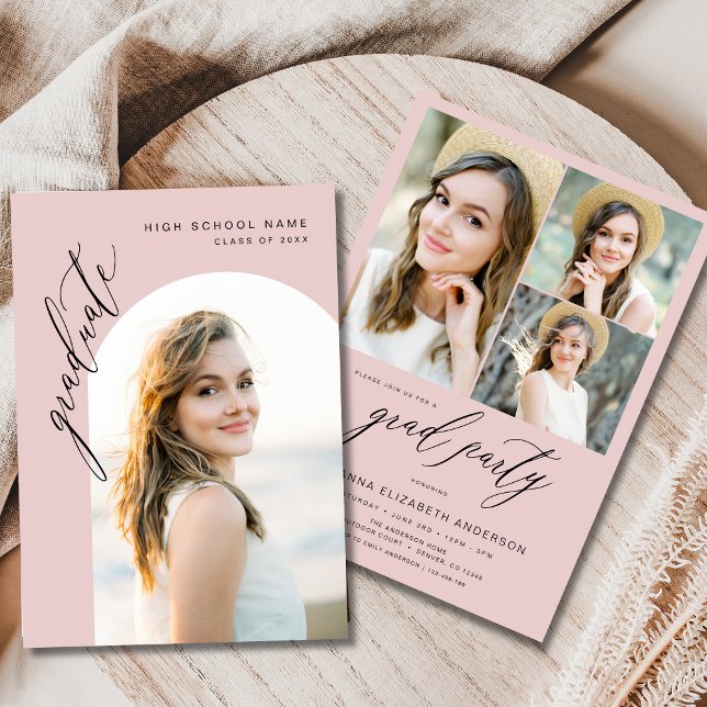 Blush Pink 4 Photo Modern Graduation Party Invitation (Creator Uploaded)