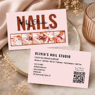 Blush Pink 5 Photo Qr-Code Line-Art Nail Salon Business Card