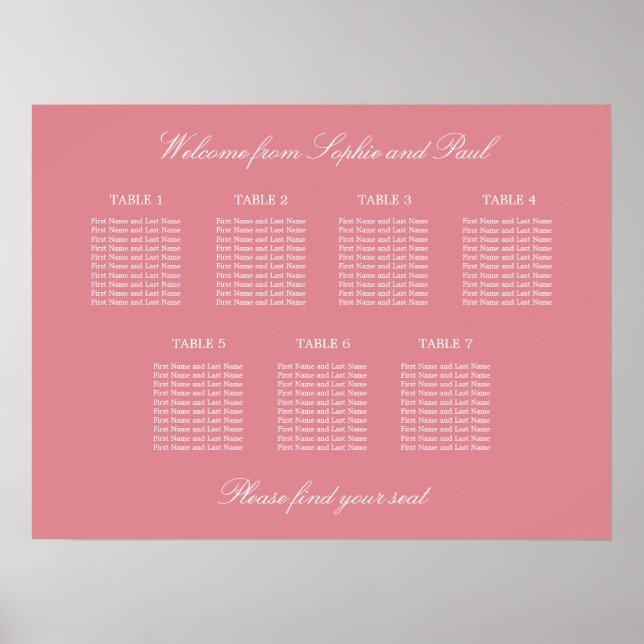 Blush Pink 7 Table Wedding Seating Chart Poster (Front)