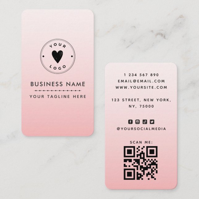 Blush Pink Add Your Cute Logo QR Code Social Media Business Card (Front/Back)
