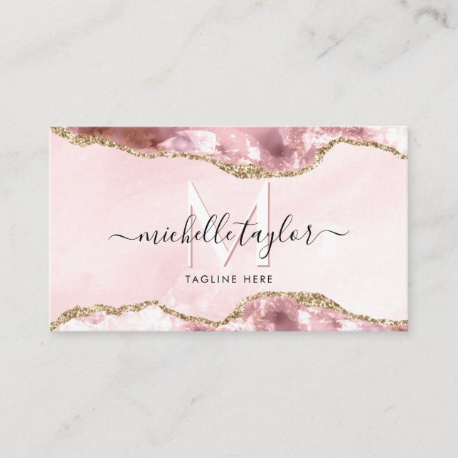 Blush Pink Agate Chic Modern Monogram Gold Business Card (Front)
