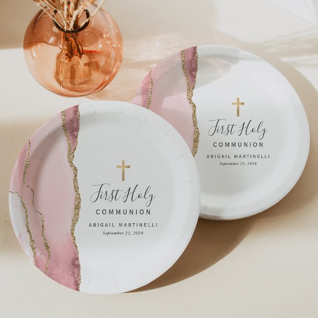 Blush Pink Agate Gold Glitter First Holy Communion Paper Plate (Creator Uploaded)