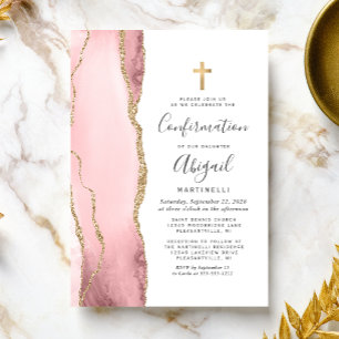  Blush Pink Agate Gold Glitter Girls Confirmation Invitation