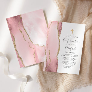  Blush Pink Agate Gold Glitter Girls Confirmation Invitation
