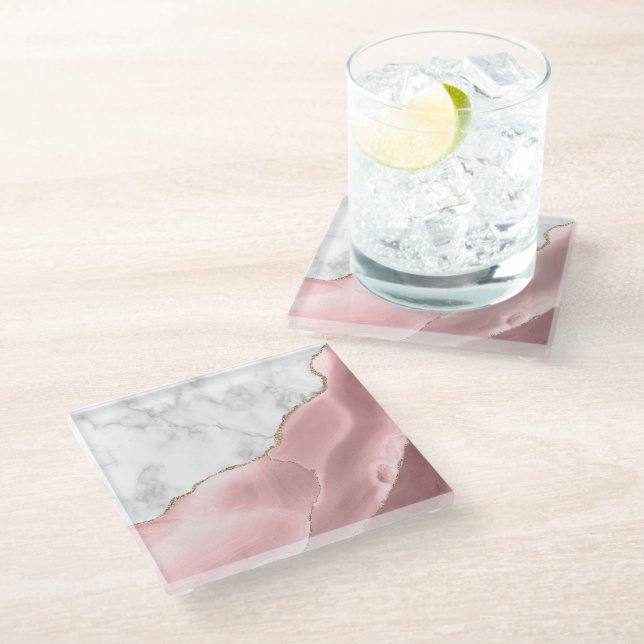 Blush Pink Agate Gold Glitter White Faux Marble Glass Coaster (Angled)