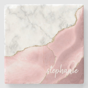 Blush Pink Agate Signature White Marble Gold Stone Coaster