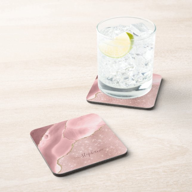 Blush Pink Agate Sparkle Glam Monogram Coaster (Right Side)