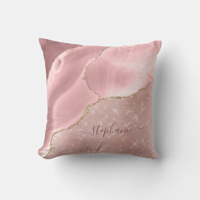 Blush Pink Agate Sparkle Glam Monogram Cushion (Front)