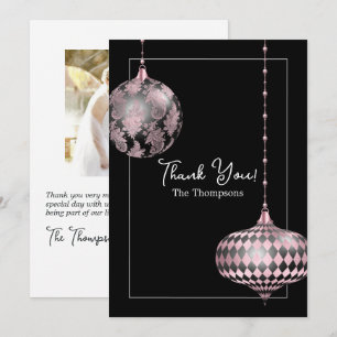 Blush Pink and Black Christmas Baubles Photo Thank You Card