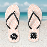 Blush Pink and Black Moroccan Quatrefoil Monogram Thongs<br><div class="desc">Custom printed flip flop sandals with a stylish Moroccan quatrefoil pattern and your custom monogram or other text in a circle frame. Click Customise It to change text fonts and colours or add your own images to create a unique one of a kind design!</div>