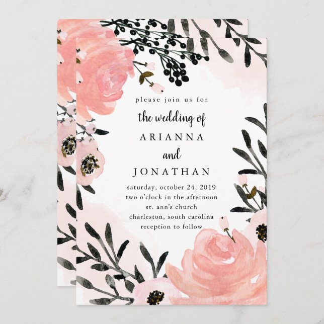 Blush Pink and Black Watercolor Floral | Wedding Invitation (Front/Back)