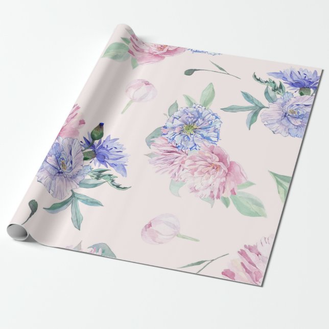 Blush Pink and Blue Floral Watercolor Wrapping Paper (Unrolled)