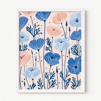 Blush Pink and Blue Poppies Illustration Poster