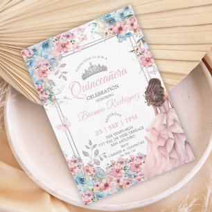 Blush Pink and Blue Silver Floral Quinceañera Invitation