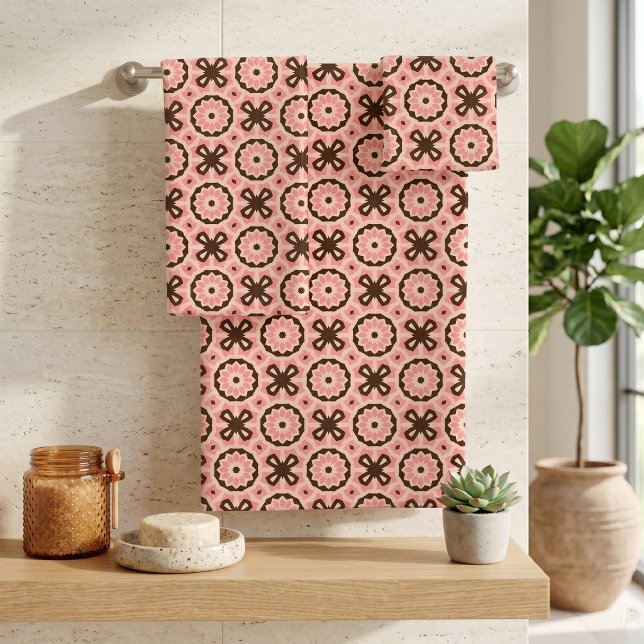 Blush Pink and Brown Boho Chic Geometric Pattern Bath Towel Set (Creator Uploaded)