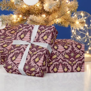Blush Pink and Burgundy Baroque Christmas Pattern Wrapping Paper