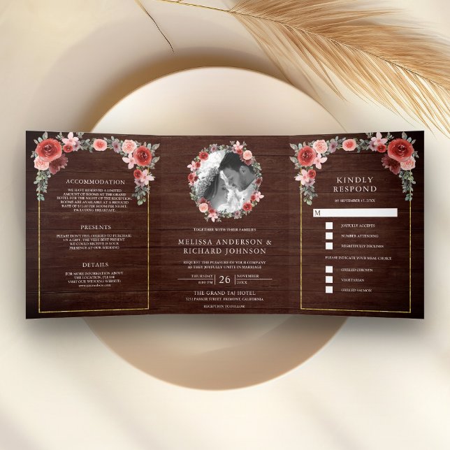  Blush Pink and Burgundy Floral Barn Wood Wedding Tri-Fold Invitation (Creator Uploaded)