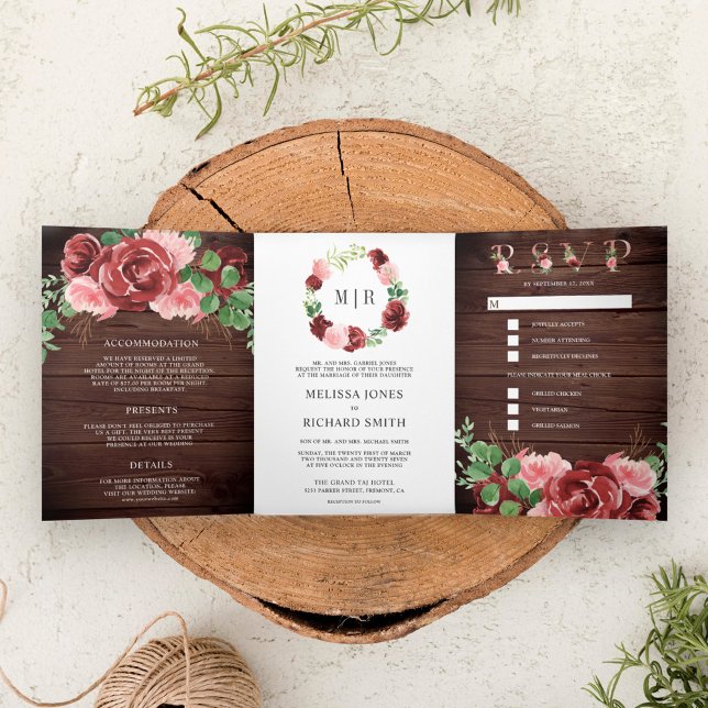 Blush Pink and Burgundy Floral Barn Wood Wedding Tri-Fold Invitation (Creator Uploaded)